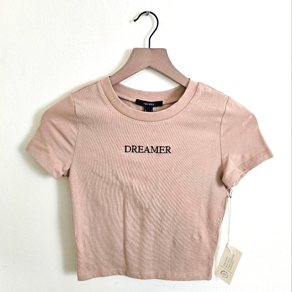 "Dreamer" embroidered Forever 21 tan crop top